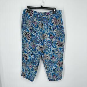 Worthington Silk Multicolor Boho Paisley Floral Cropped Pants Size 12 Blue Lined